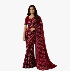 Capture Burgundy Floral Printed Chiffon Saree with Blouse Piece