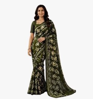 Capture Dark Olive Floral Printed Chiffon Saree with Blouse Piece