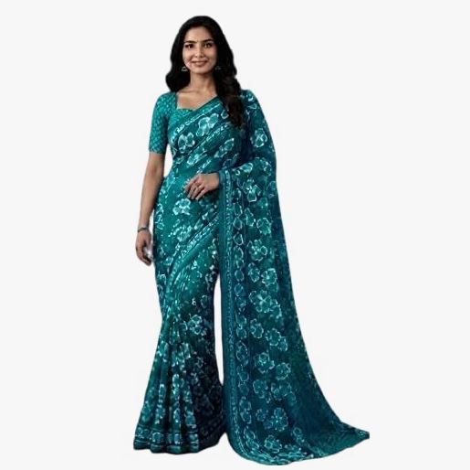 Capture Polar Night Blue Floral Printed Chiffon Saree with Blouse Piece