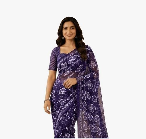 Capture Purple Blue Floral Printed Chiffon Saree with Blouse Piece