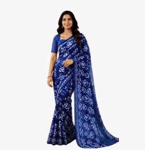 Capture Royal Blue Floral Printed Chiffon Saree with Blouse Piece